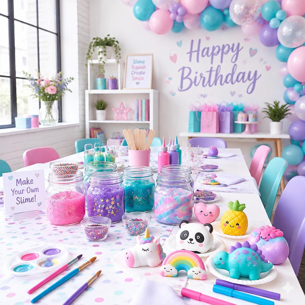Kids party table with slime jars, painted squishies, and pastel decorations
