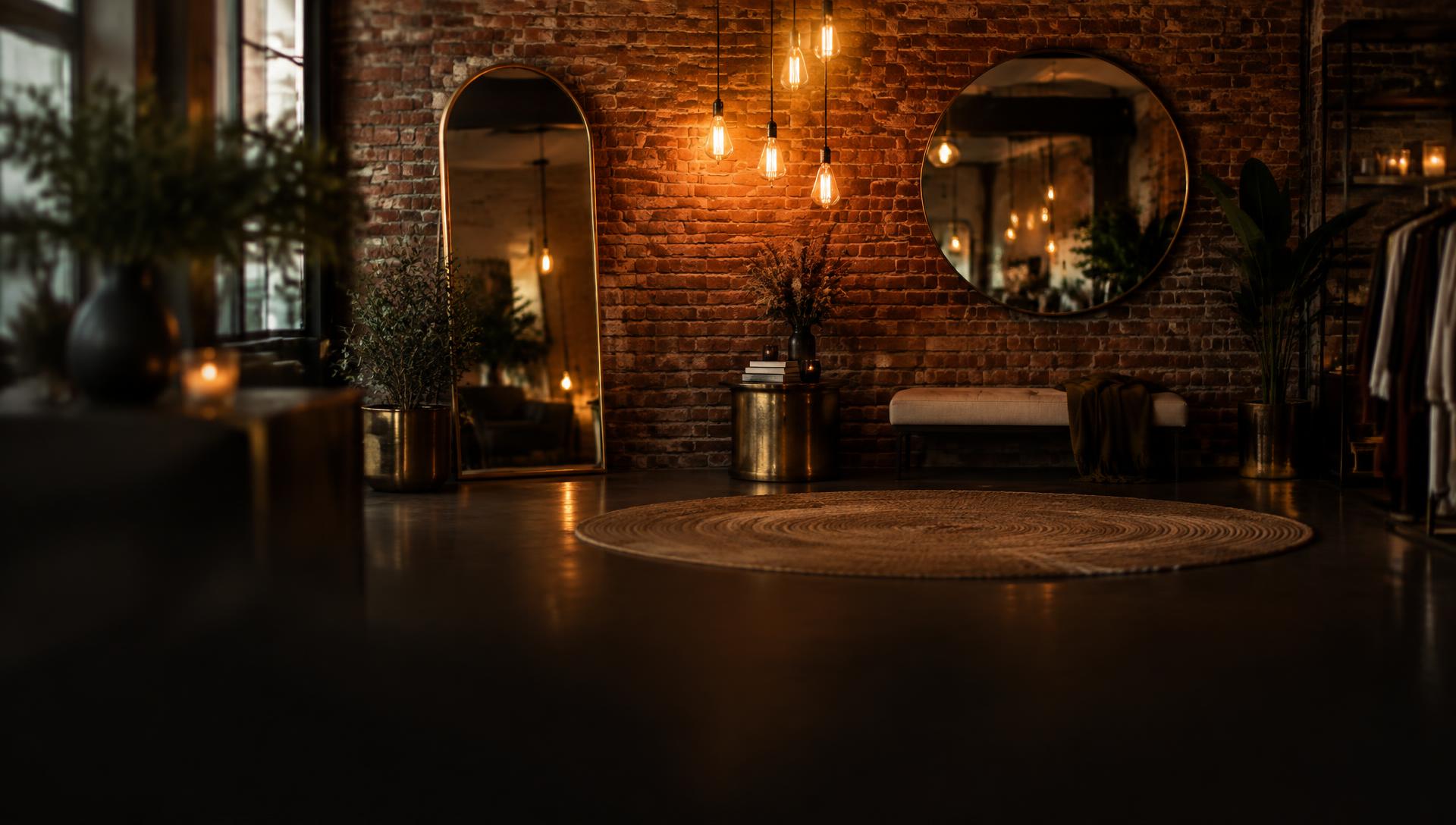 Short North Studio with exposed brick, Edison lights, and brass mirrors